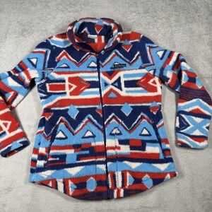 Columbia Fleece Jacket Womens Medium Blue Red Geometric Sherpa Zip Outdoor Aztec